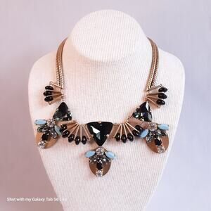 J.Crew Statement Choker Bib Necklace Geometric Black Green Clear Stones